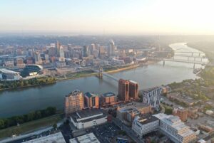Aerial view of Cincinnati and the south bank of the Ohio River in Kentucky, showing several Northern Kentucky cities