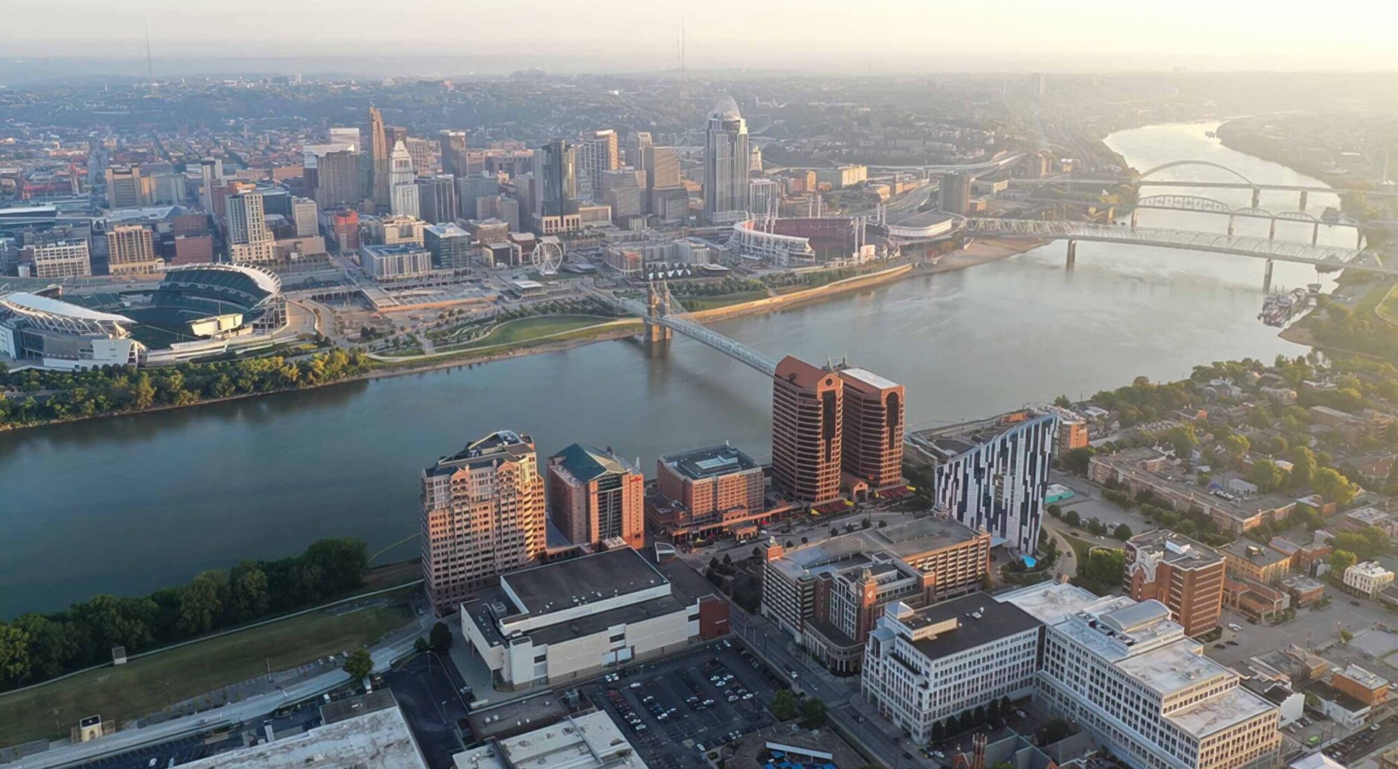 Aerial view of Cincinnati and the south bank of the Ohio River in Kentucky, showing several Northern Kentucky cities